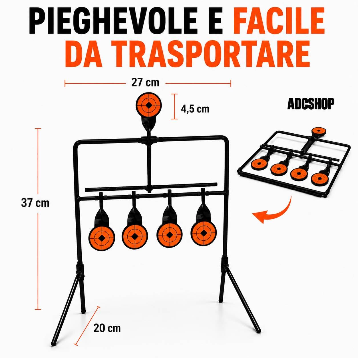 Bersagli per tiro con 5 bianchi in acciaio – Compatibile con pistole e fucili ad airsoft, aria compressa e CO2 (4,5 mm e 5,5 mm) – fino a 20 J – Autoreset – Pieghevole – Include 60 adesivi