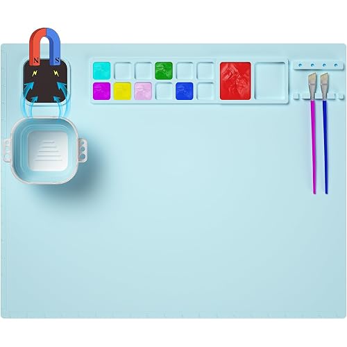 Silicone Craft Mat, 20"x16" Silicone Painting Mat with Cup, Nonstick Silicone Sheet for Resin Jewelry Casting, Creator Silicone Mat for Art, DIY, Drawing, Clay and Play Doh (Blue)