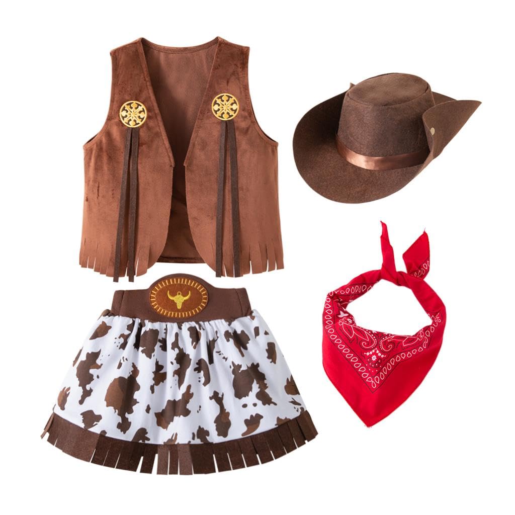 Lito Angels Cowgirl Costume Outfit Fancy Dress Up with Waistcoat, Bandana and Hat for World Book Day Baby Girls Age 18-24 Months, Brown