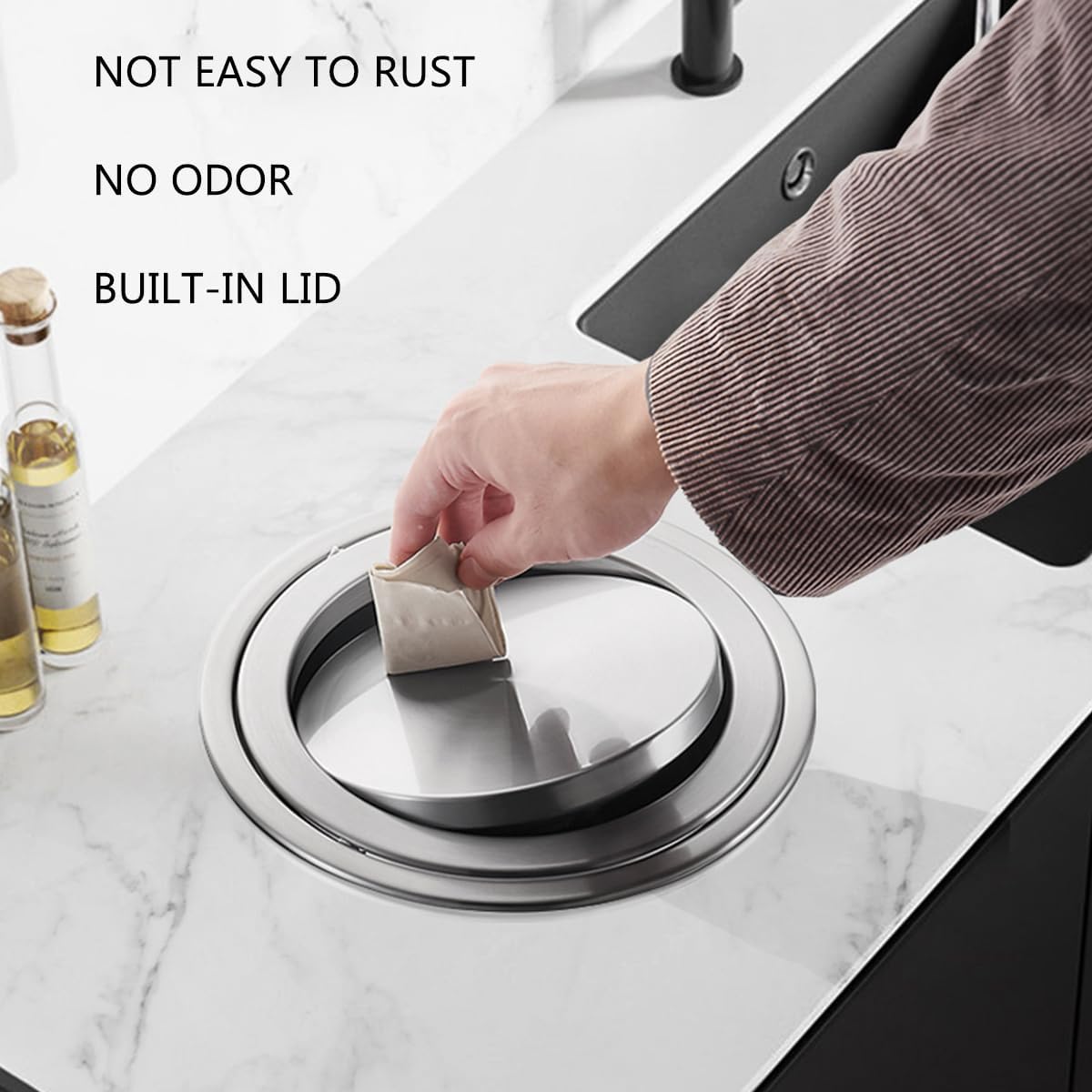 Stainless Steel Garbage Flap Lid Trash Bin Trash Can Lid Round Recessed Counter Top Flap Garbage Lid for Kitchen Counter for Kitchen Countertop Office Desk,Black,Brass