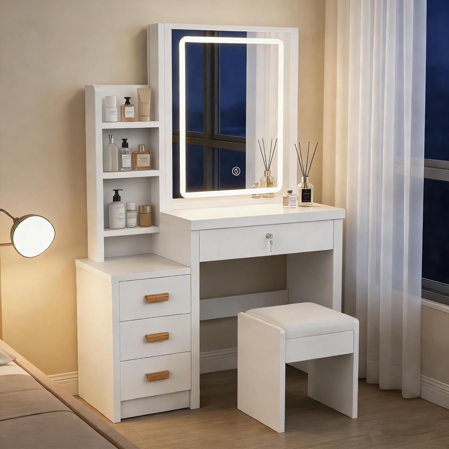 BPMIO Schminktisch Weiß, Kosmetiktisch mit Spiegel & Hocker, Frisierkommode mit LED-Beleuchtung Set, Frisiertisch mit 4 Schubladen, Schlafzimmermöbel Vanity Set, 135 * 80 * 36cm
