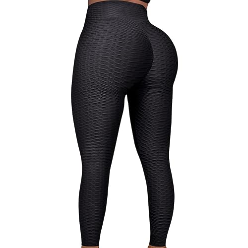 FITTOO Women's Scrunch Bums Leggings Gym, High Waist Anti Cellulite Waffle Honeycomb Leggings Butt Lifting Workout Sports Yoga Pants - Black - XXL