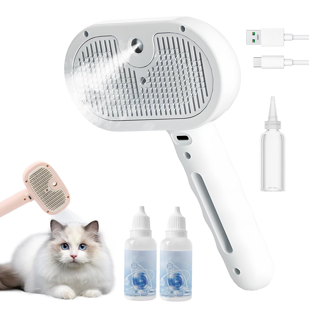 3 in 1 Pet Grooming Brush with Fine Mist Spray, Deshedding Tool for Dogs & Cats, Hair Removal Grooming Tool for Long Short Hair Pets (Pink)