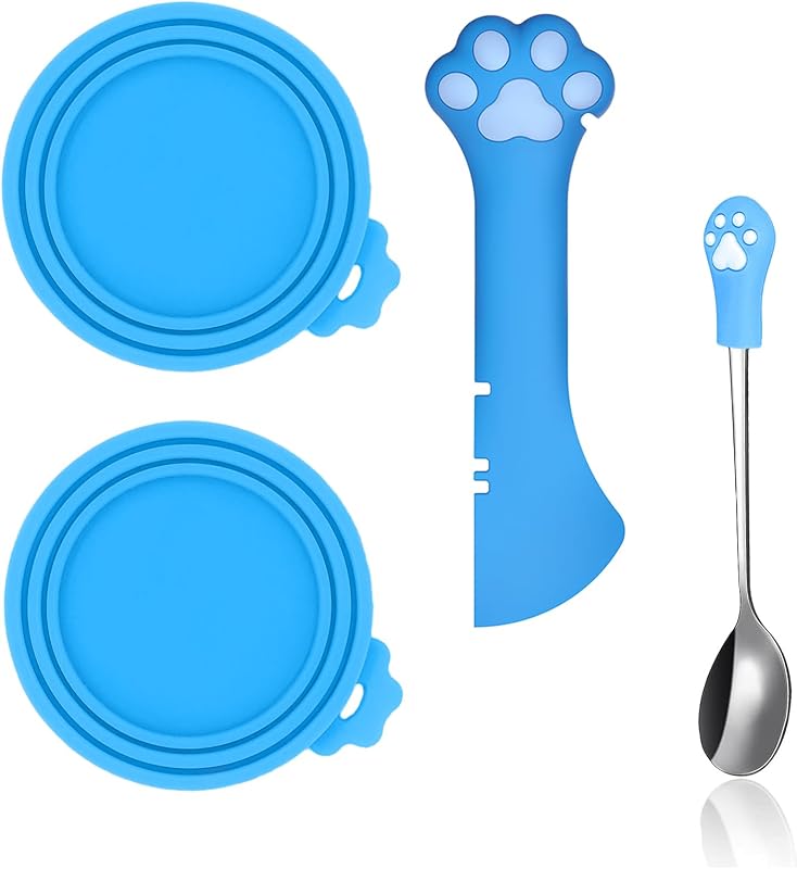 Kit para Armazenar Alimento de Gatos SJANE com Tampas de Silicone, Abridor e Colher de Aço Inoxidável Azul, 4 Peças