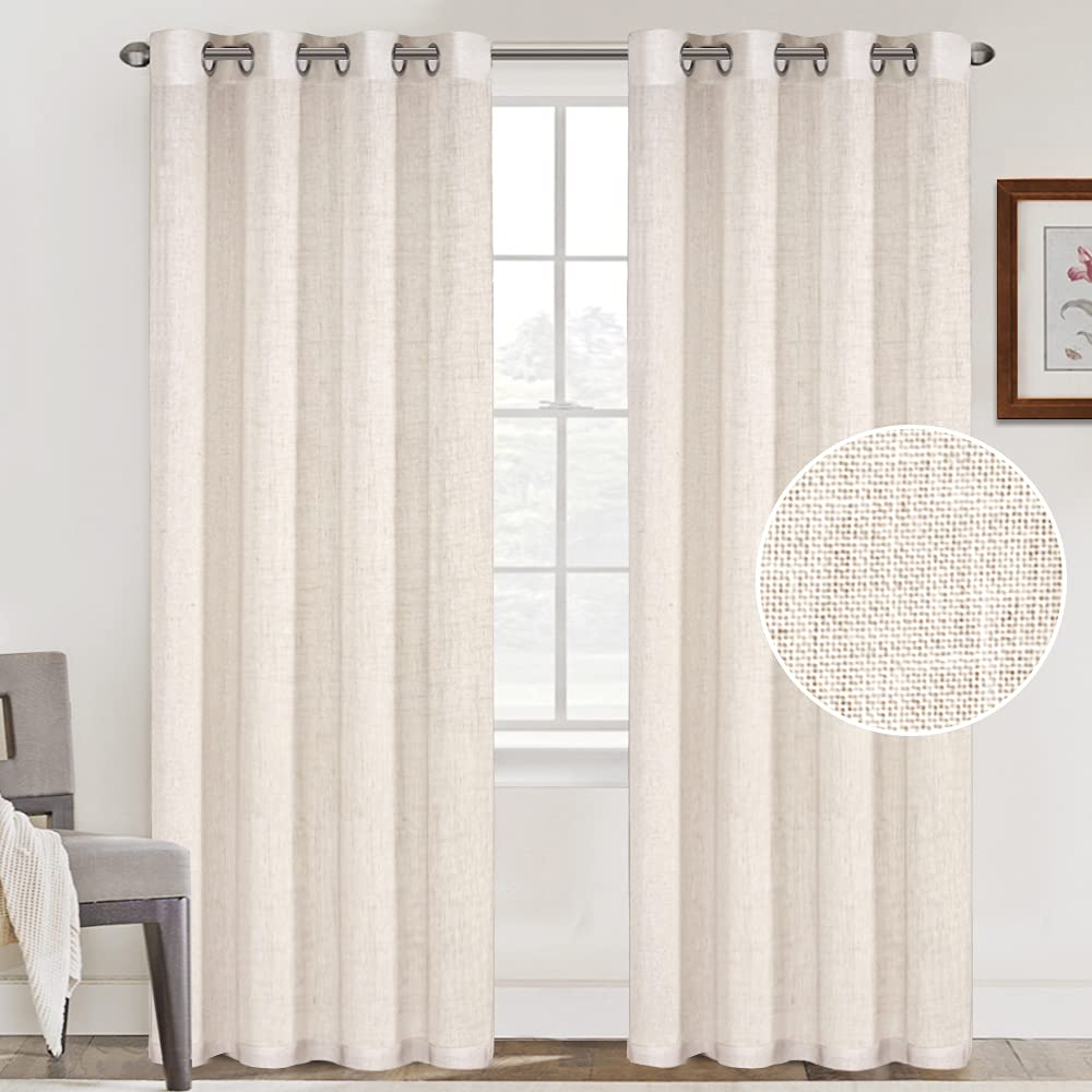 Linen Curtains 96 Inch Long Linen Sheer Curtains Natural Linen Textured Curtains Light Filtering Grommet Window Treatments Panels/Drapes for Livingroom Privacy Added (2 Panels, 52Wx96L, Natural)