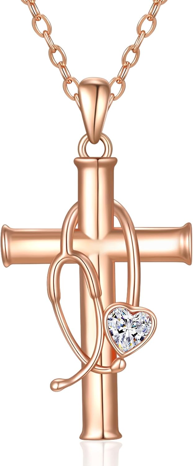 Nurse Gifts, Rose Gold Stethoscope Cross Necklace for Women Medicine Pendant Jewelry, Nurse Doctor Birthday Graduation Gift for Medical Student