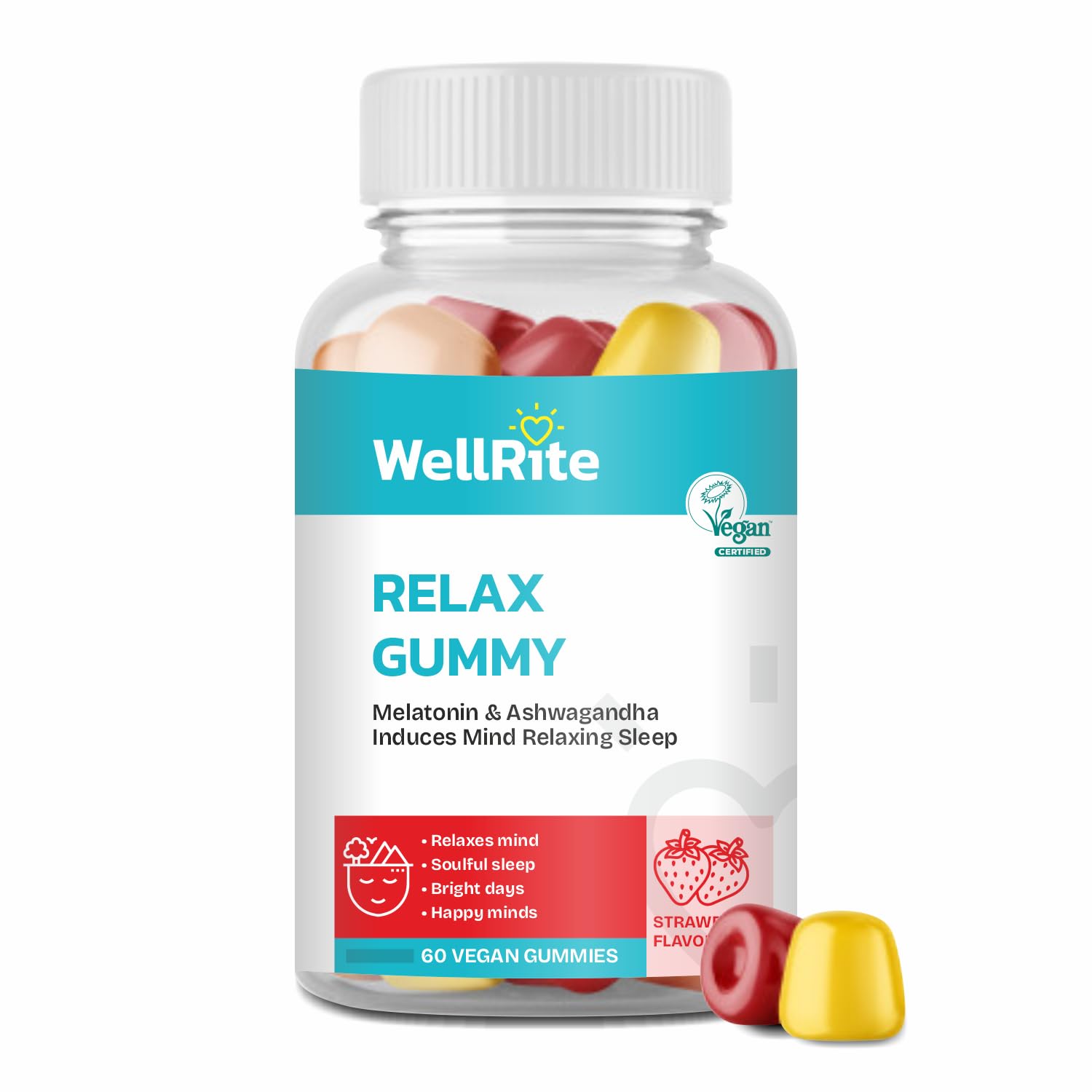 Relax Gummy Vitamins with Ashwagandha & Melatonin, 60 Count, Strawberry Flavored, Vegan, Gelatin Free, Gluten Free, Nut Free, Relaxes Mind, Soulful Sleep