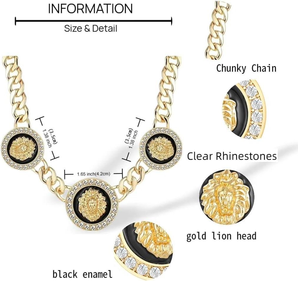 Women's Hip Hop Basketball Wives 3 Lion Heads Chunky Chain Necklace Crystal Statement Linked Choker Necklaces Party Costume Outfit Cocktail Club Animal Jewelry - Image 2