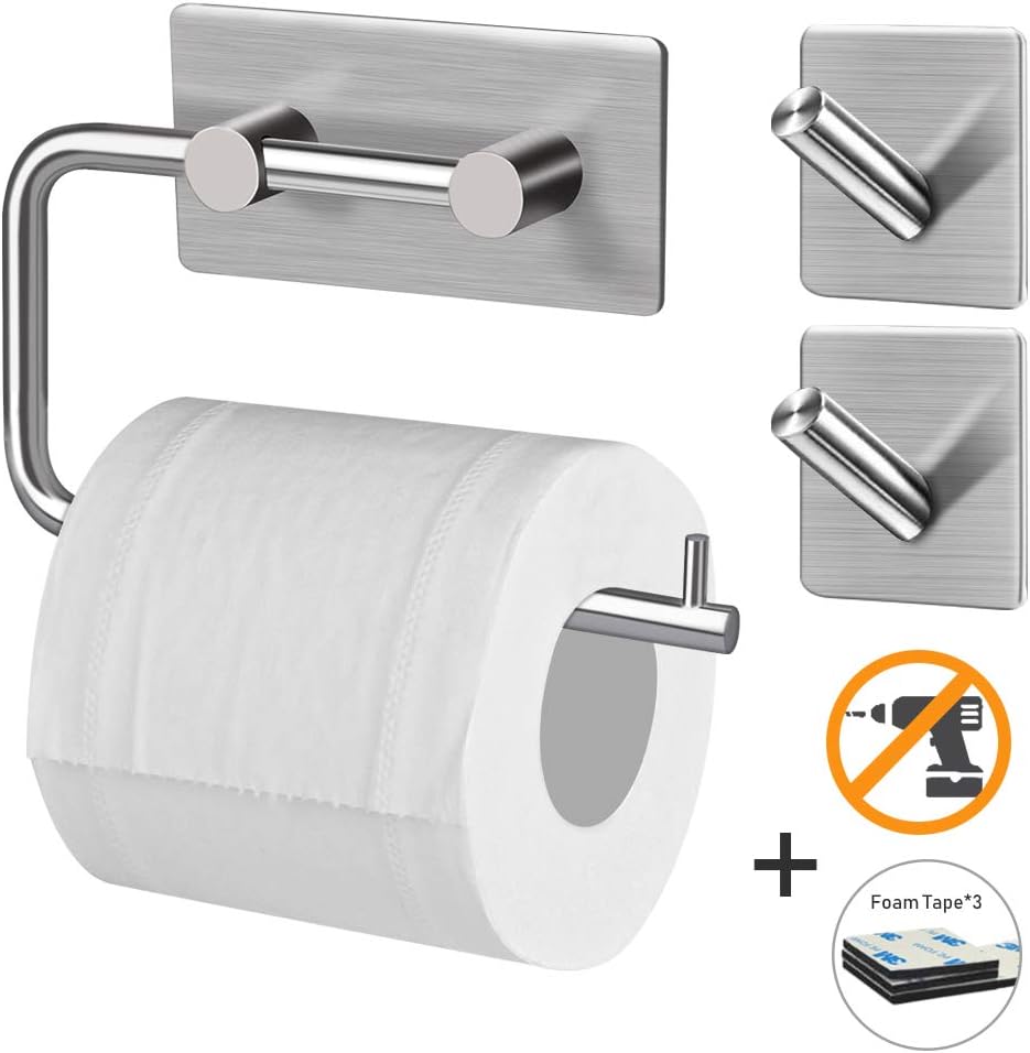 toilet paper roll holder with 2*towel hook+3* adhesive Pad Wall Mounted Self Adhesive without drilling stainless steel for bathroom and kitchen