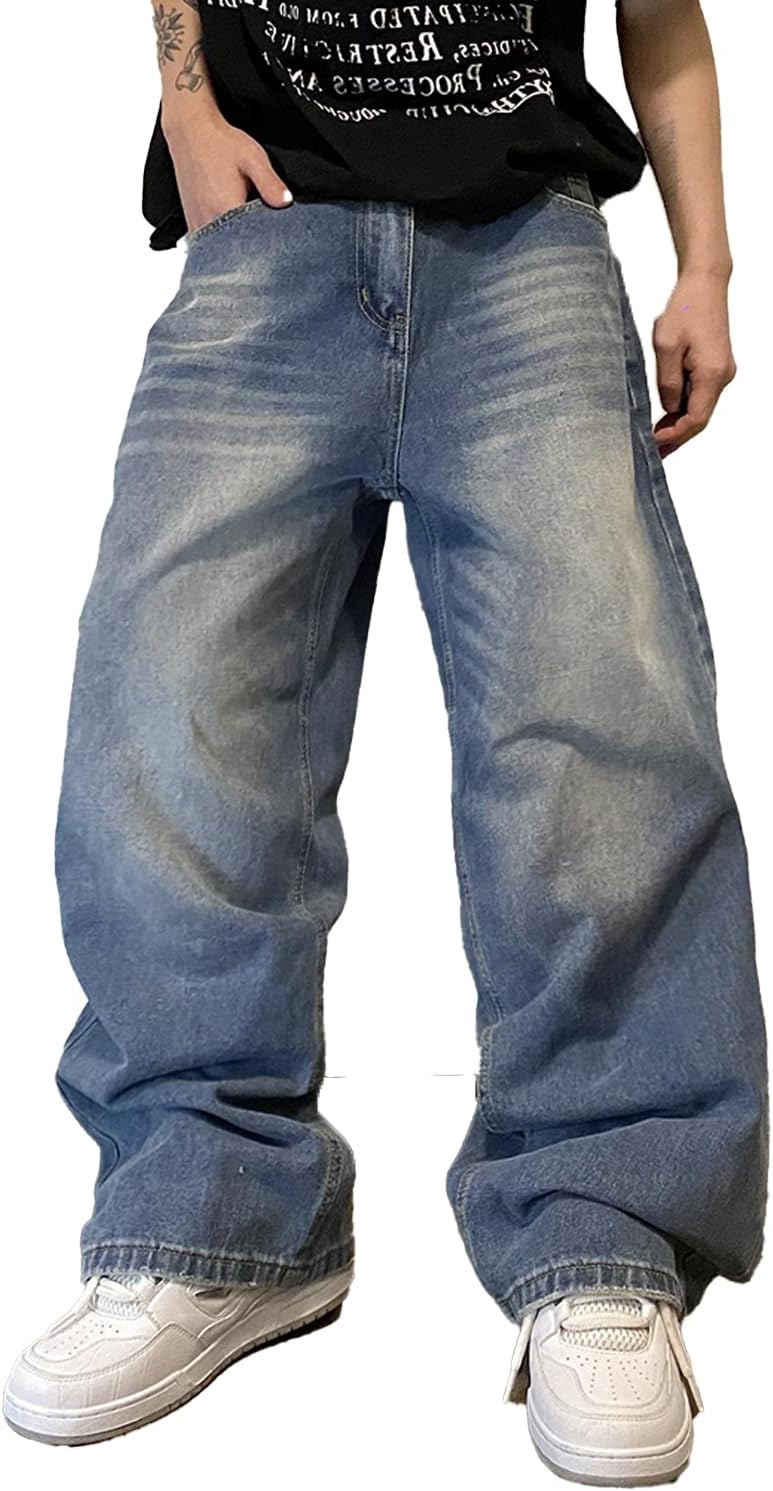 Mens Hip Hop Baggy Jeans Wide Leg Skater Jeans Casual Loose Denim Pants Y2k Skateboard Streetwear