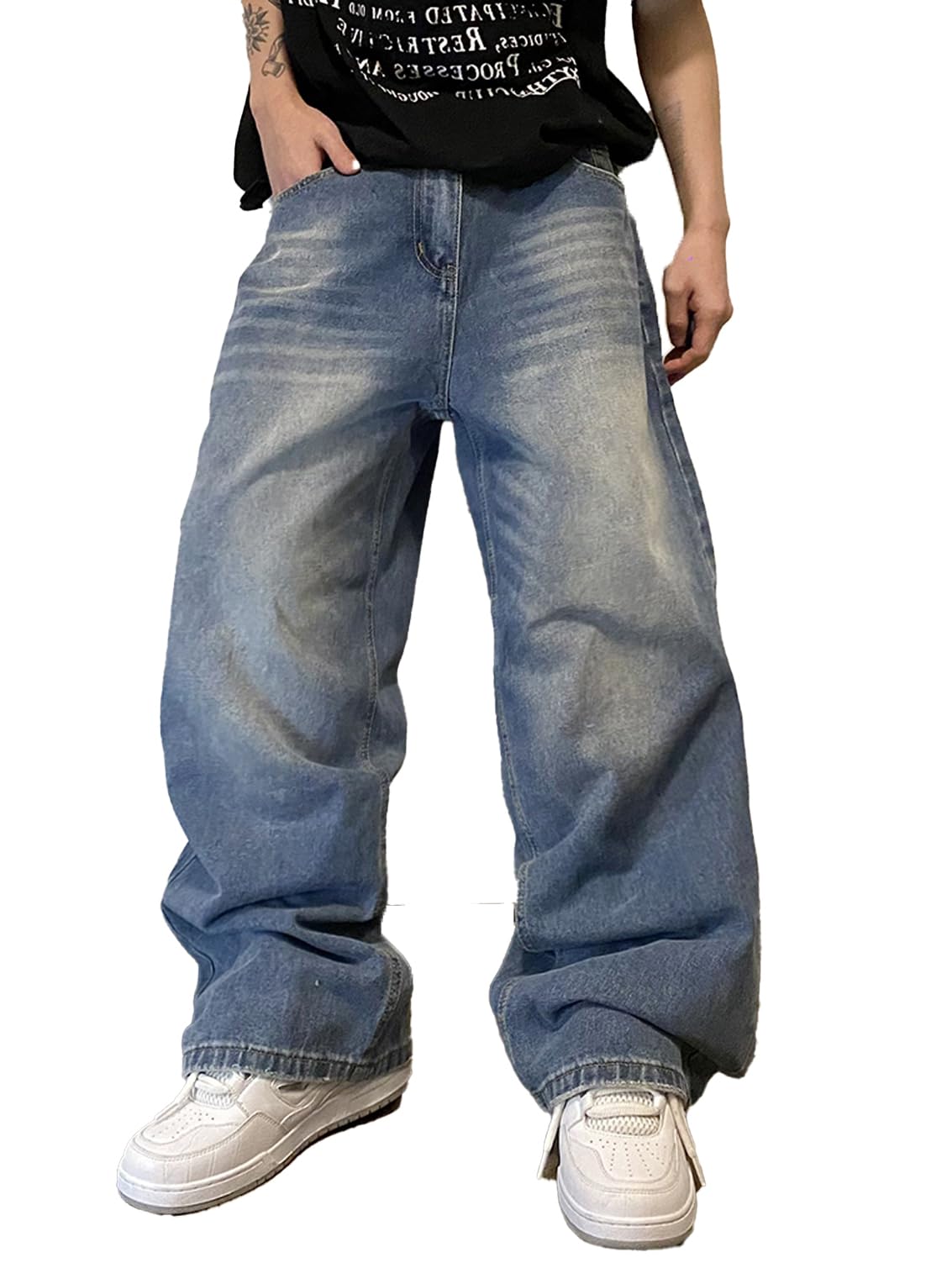 Zewool Mens Hip Hop Baggy Jeans Wide Leg Skater Jeans Casual Loose Denim Pants Y2k Skateboard Streetwear