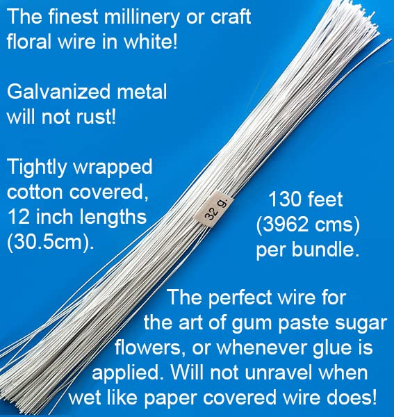 32 Gauge White Cotton Covered Floral Wire - 130 feet per Bundle (39.6m) in 12 inch (30.5cm) Lengths