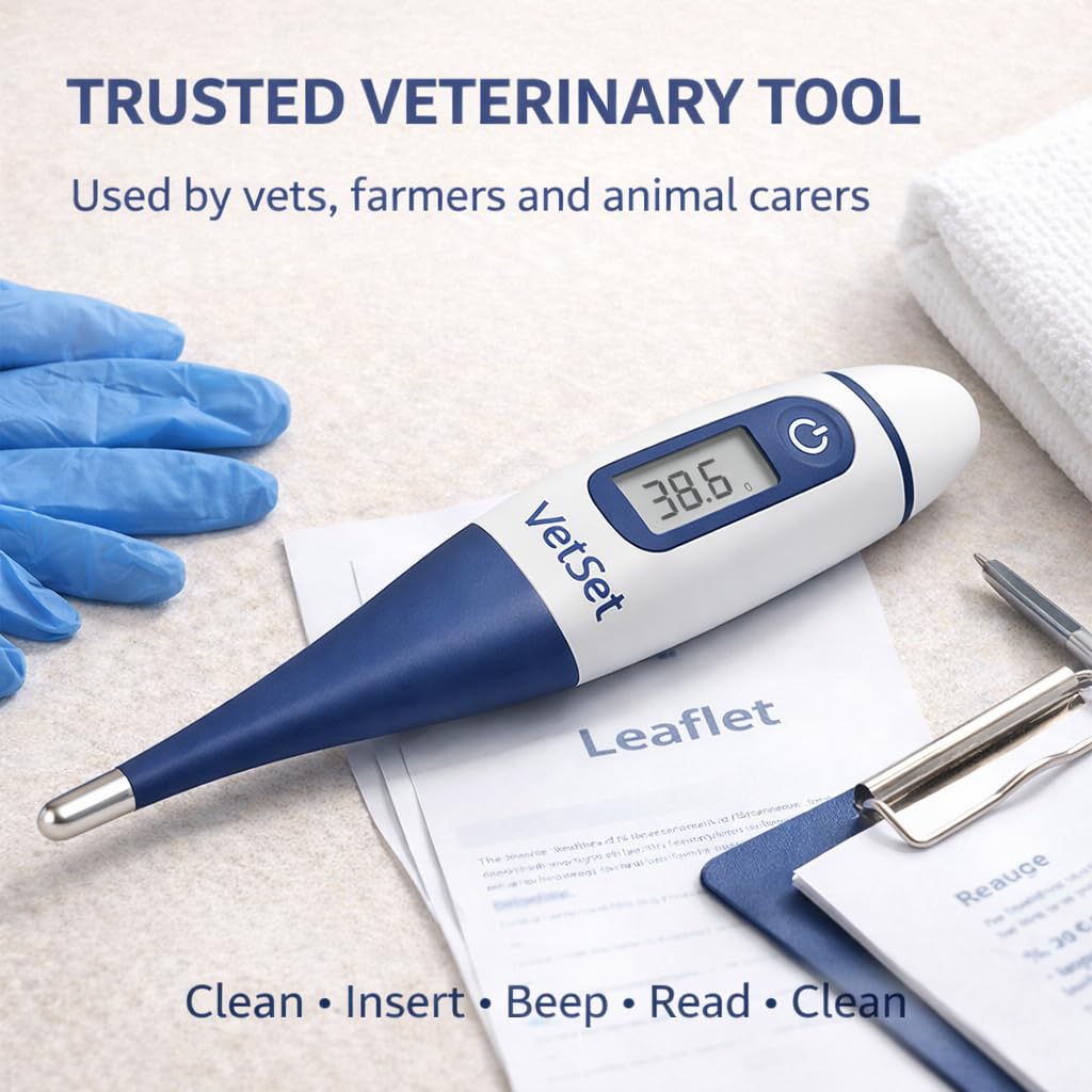 Digitales Veterinärthermometer für Pferde, Hunde, Katzen, Rinder, Nutztiere | Flexible wasserdichte Spitze | Schnelle genaue Messwerte | Aufzeichnung der letzten 5 Temperaturen | 60 Sekunden Messzeit