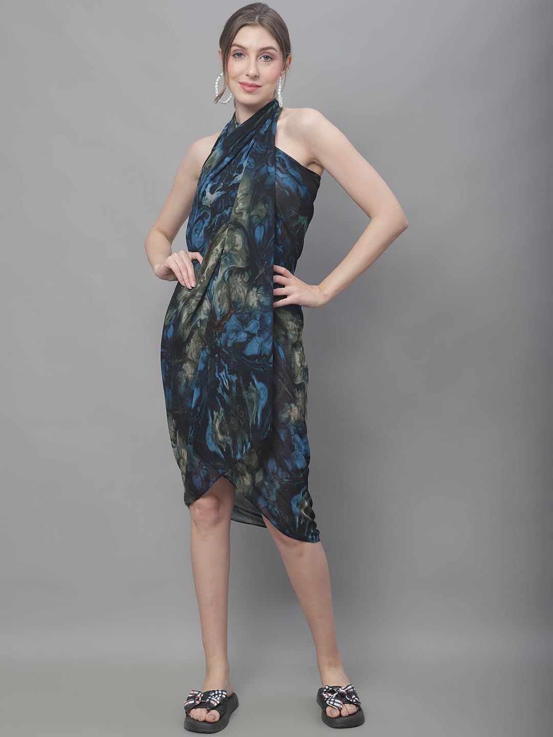 Claura Navy Blue & Yellow Abstract Printed Swimwear Sarong 2