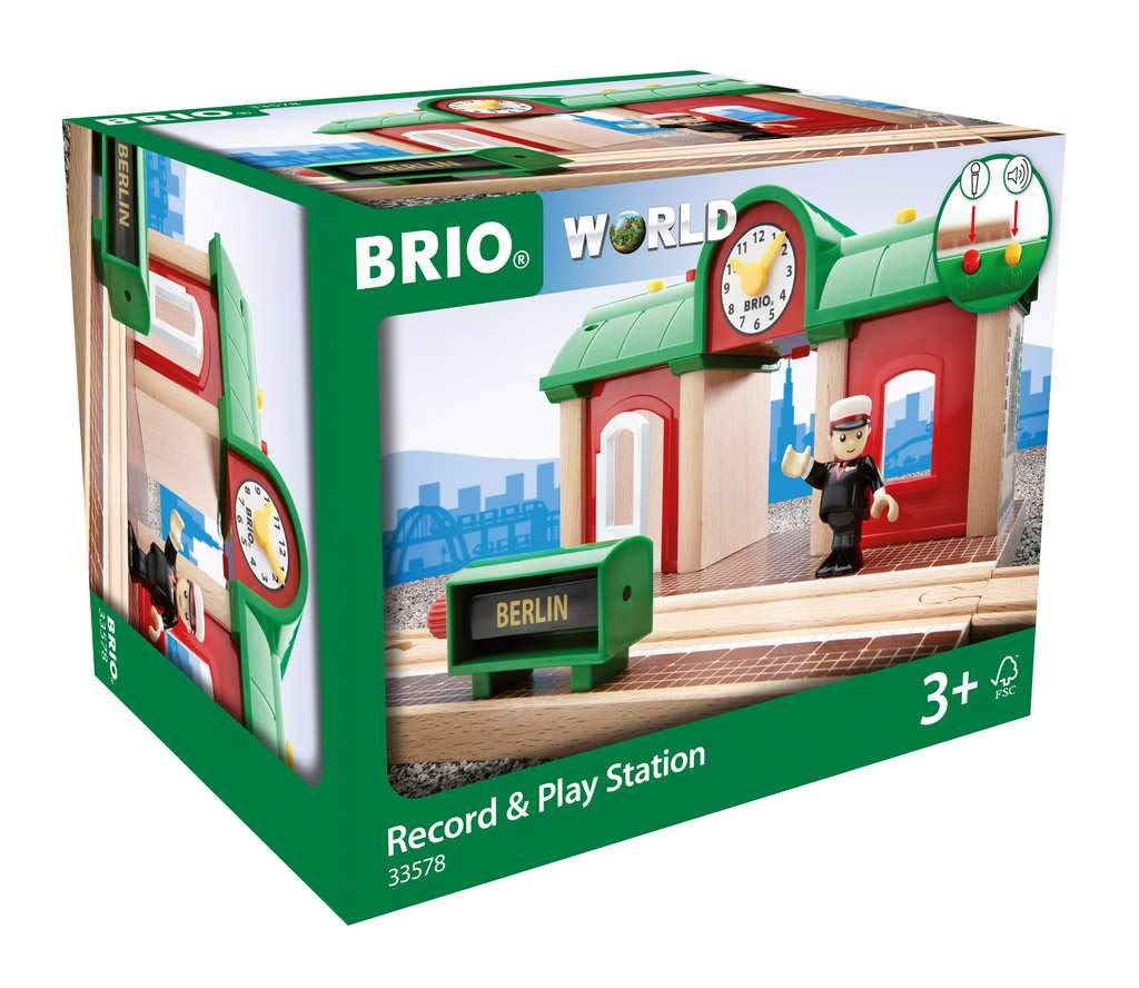 BRIO World 33578 Sprechender Bahnhof Eisenbahn Zubehör mit Aufnahmefunktion – Kleinkinderspielzeug empfohlen ab 3 Jahren & Bahn 33750 - Magnetische Kreuzung