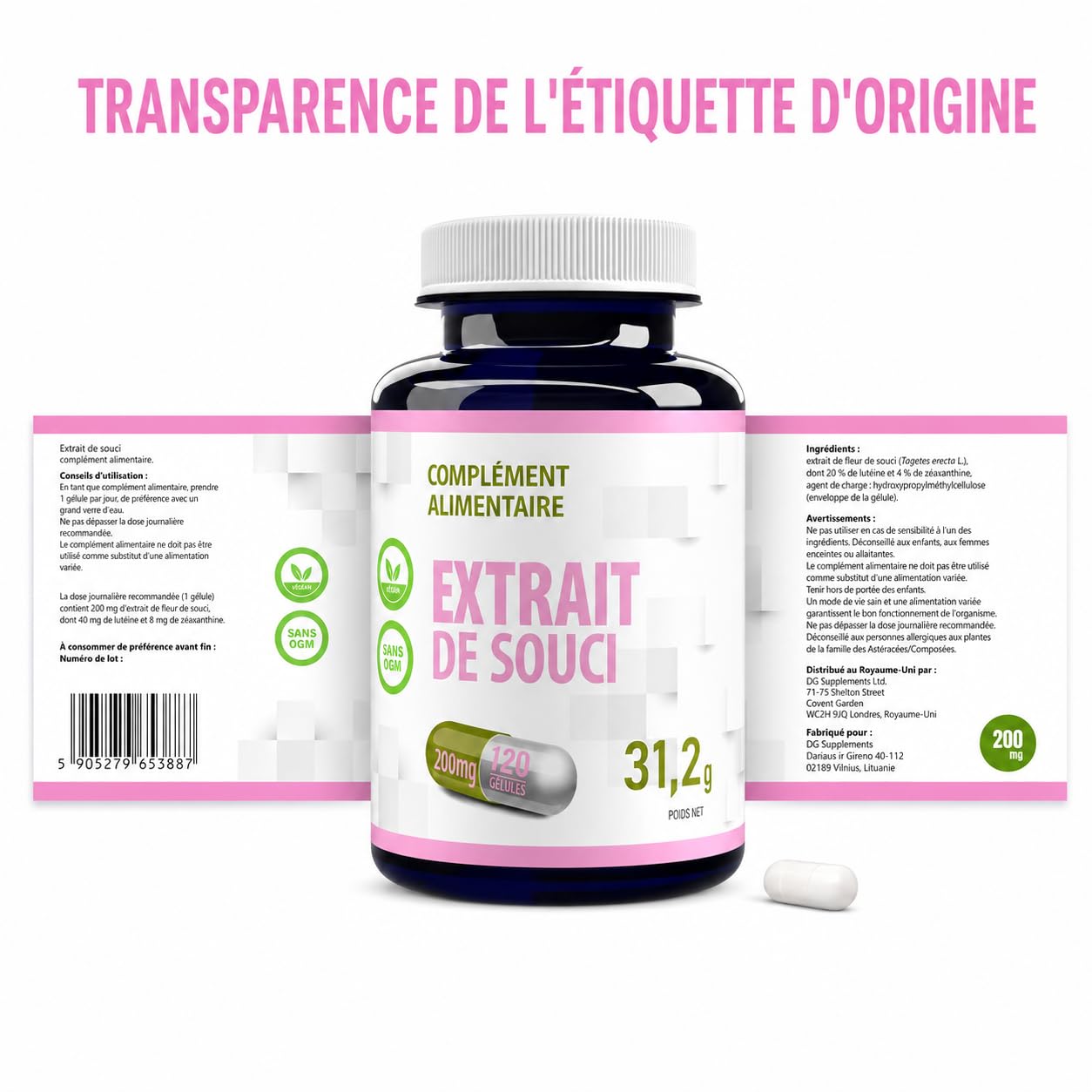 Hepatica Lutéine | 40 mg & Zéaxanthine 8 mg | extrait de souci 200 mg | 120 gélules végétales | Tagetes erecta | GMP & Testé en Laboratoire Indépendant
