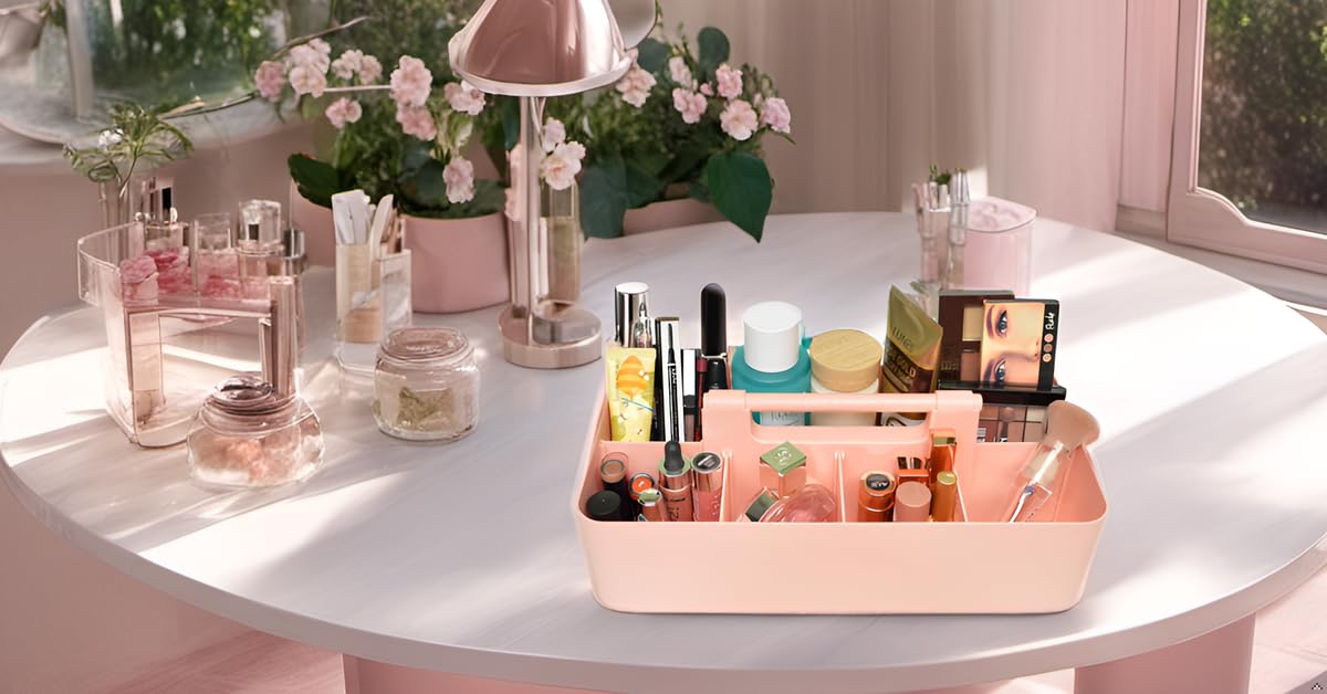 Nowy plastikowy przenośny organizer do makijażu Caddy Tote podzielony kosz z uchwytem, do przechowywania w łazience - mieści różowe pędzle do makijażu, paleta cieni do powiek, szminka - bardzo duża wyprodukowana w USA (Indie Pink)