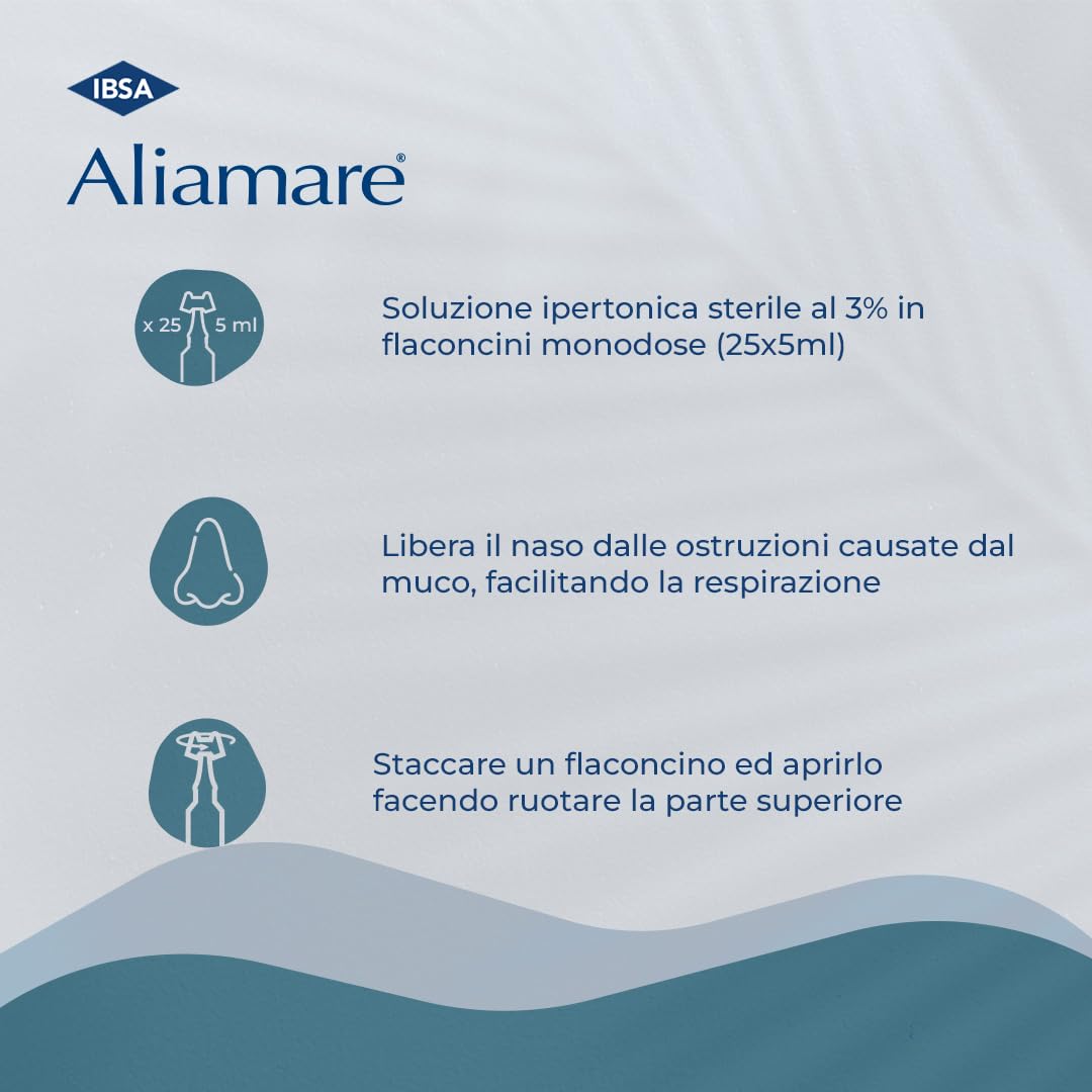 IBSA Aliamare Iper – 25 Flaconcini Monodose | Soluzione Ipertonica (3%) di Acqua di Mare. Decongestiona Il Naso e Fluidifica Il Muco