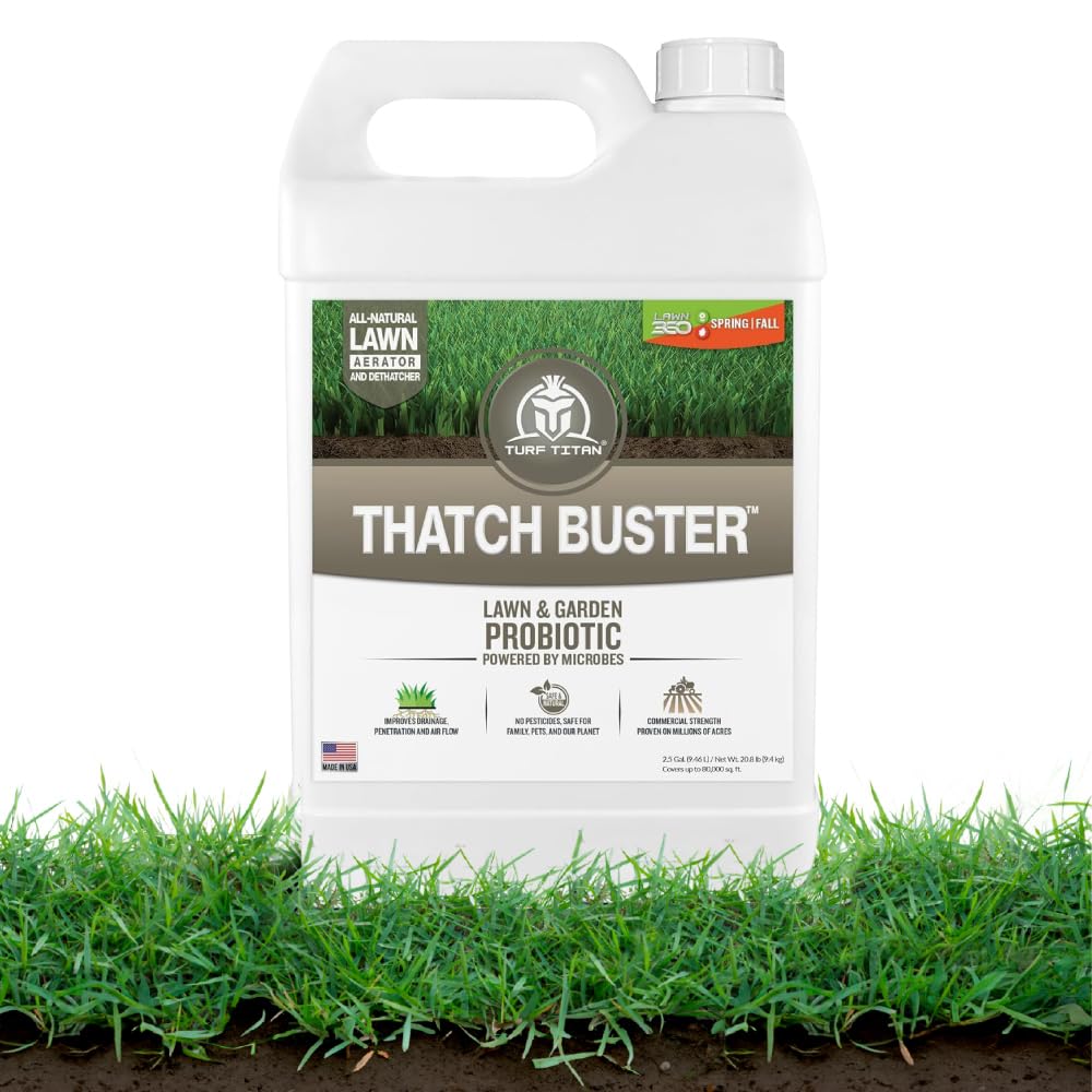 Turf Titan Thatch Buster Lawn Aerator & Grass Dethatcher (1 Gallon) – All-Natural Liquid Soil Loosener & Conditioner for Green Grass – Healthy Soil in 45 Days – Covers Up to 32,000 Sq Ft