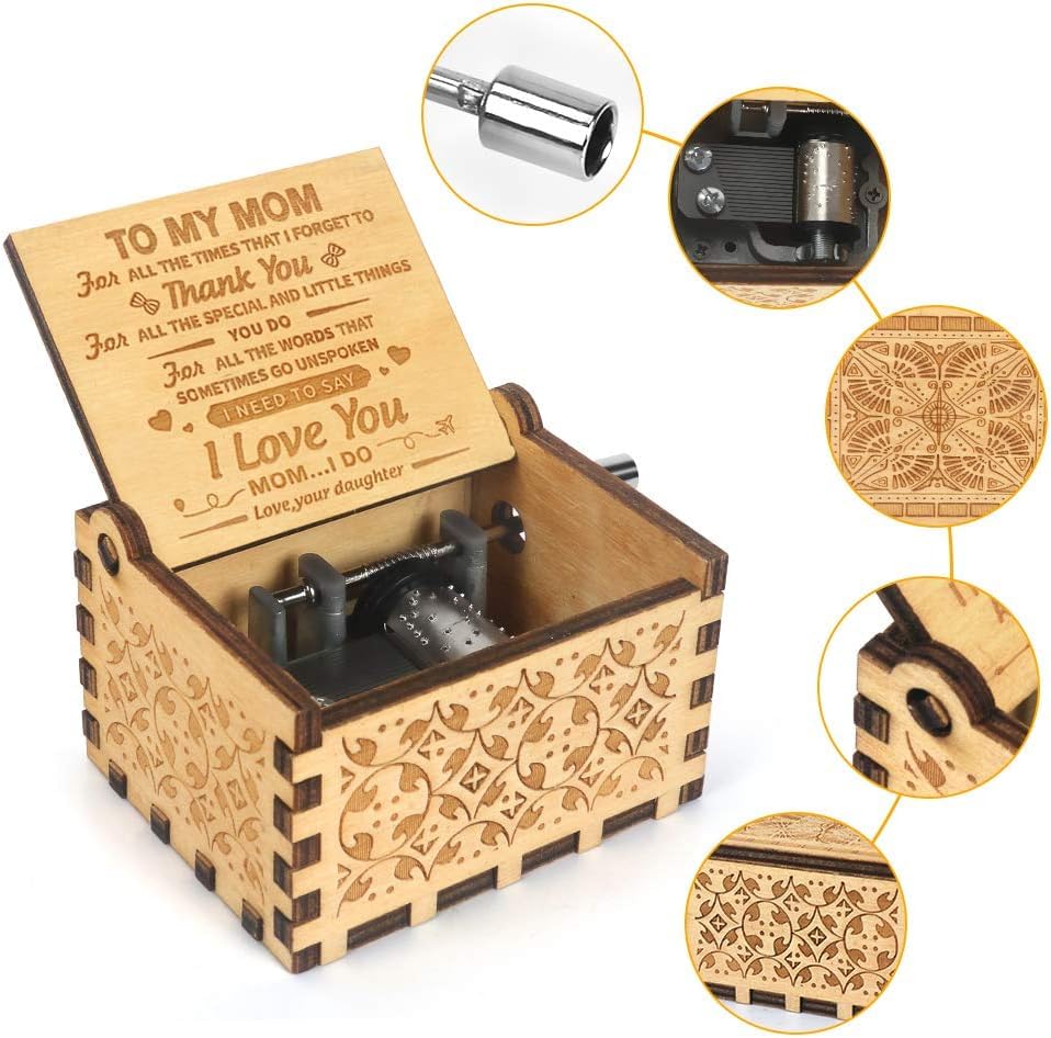 Image of Zesta Daughter to Mom Wooden Musical Box Gift | Vintage Music Crank Mini Collectible for Girlfriend, Boyfriend, Husband, Wife | Unique Musical Gifts for Music Lovers | Classic Wooden Box