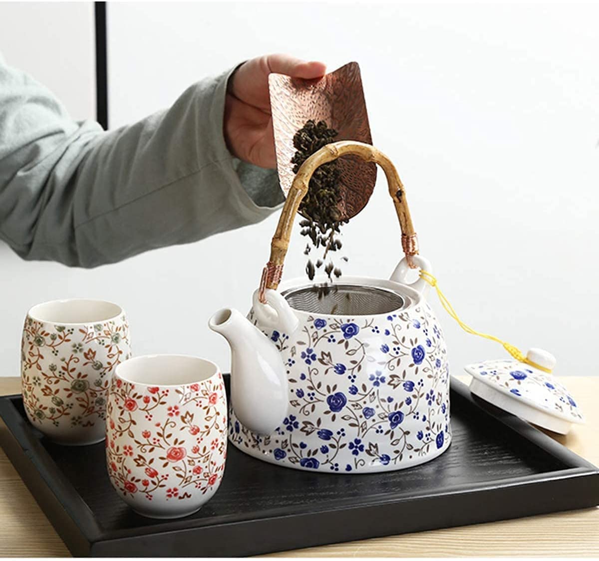 Service à thé en porcelaine florale faite à la main - Service à thé chinois Kung Fu - 1 théière et 6 tasses à thé chinois en céramique (avec plateau à thé)