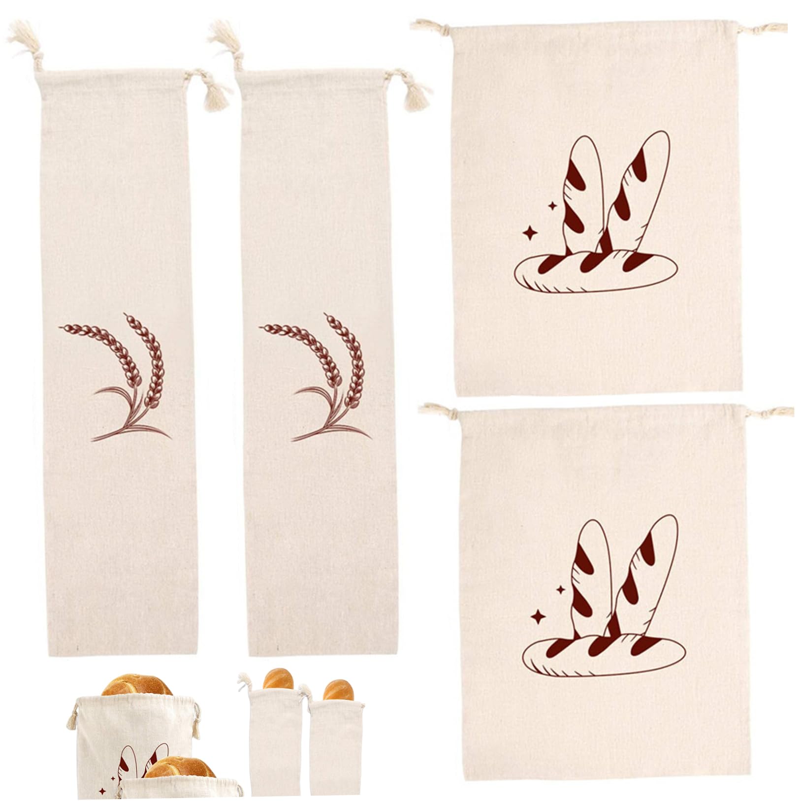 Imooreshine Bread Bags for Homemade Bread 4Pcs 2 Size Reusable Sourdough Bags with Drawstring Pattern Cotton Linen Storage for Homemade