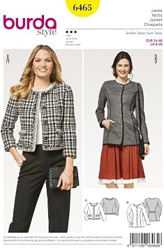 Burda Womens Collarless Jackets Sewing Pattern 6465, Size 8-20