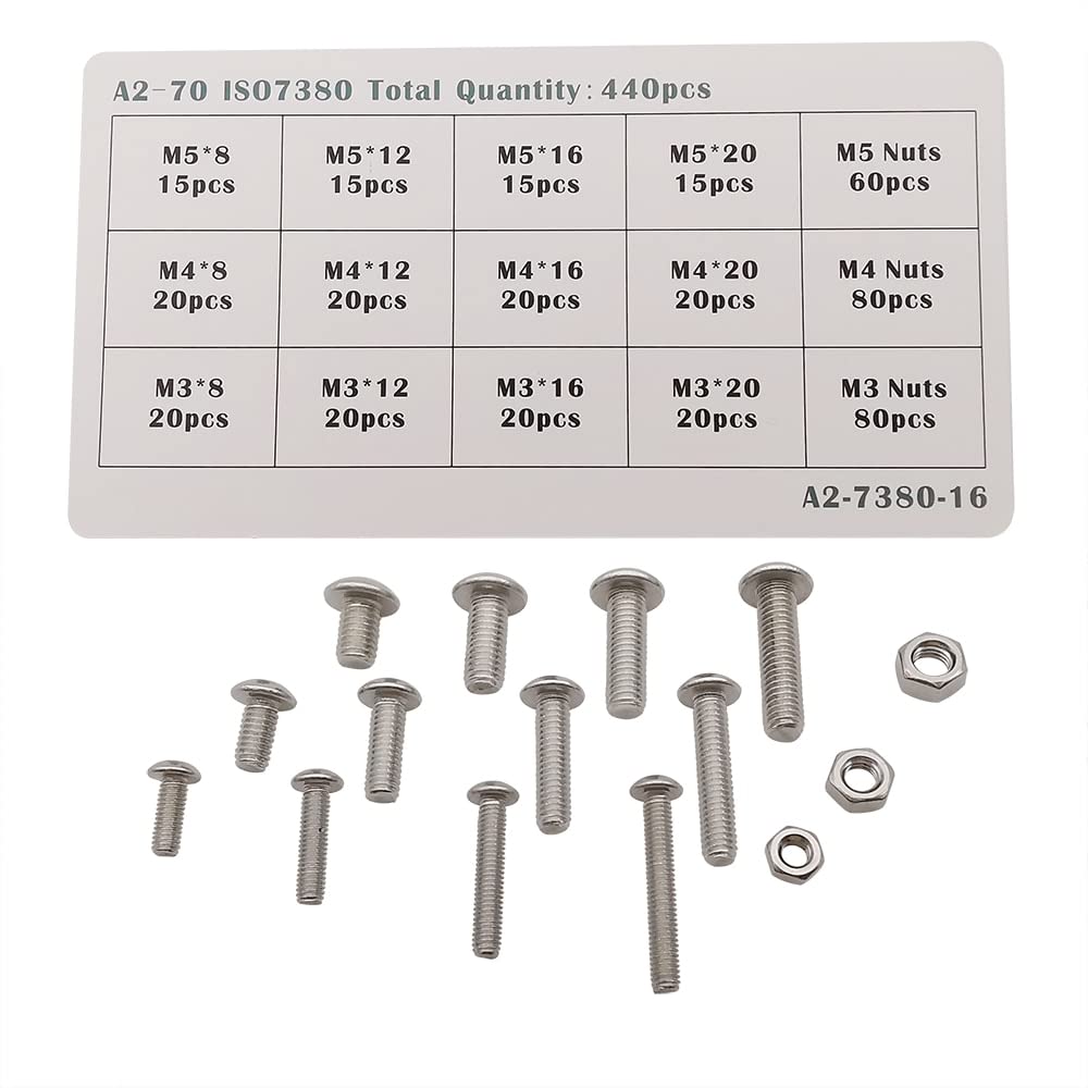 440Pcs/Set M3/M4/M5 Stainless Steel Flat Countersunk Head Bolt and Nuts Assortment Kit Hex Socket Head Cap Screw Nut Kit