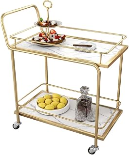 Restaurant Portable Mobile Serving Carts, European Double Layer Large Capacity Drink Cart, Bar Cart with Wheels and Handle Edge Fence Design(Gold+White)