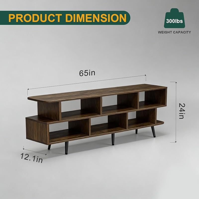 65" Amber TV Stand with Power Outlet for TVs up to 75", Large Entertainment Center with 8 Open Shelves,Media Console Table for Living Room/Entrance/Kitchen/Sofa Cabinet, Easy Assembly image 3