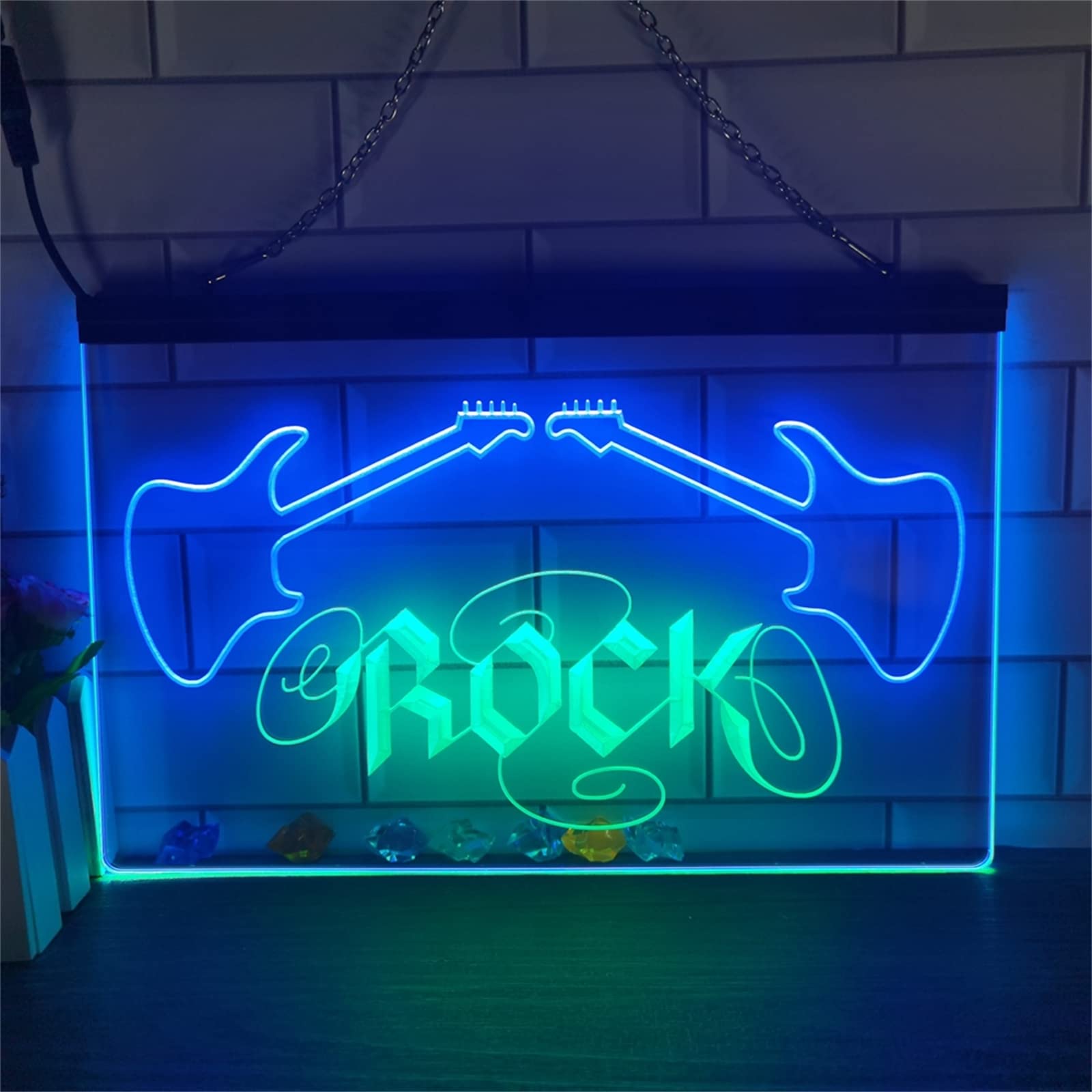 REWIS Insegne al Neon a LED per Musica Rock, alimentate Tramite USB con 3 Livelli di intensità Luminosa, Ideali per Decorare Le pareti di Bar e Locali di Musica Rock.,Green Blue,30x20cm