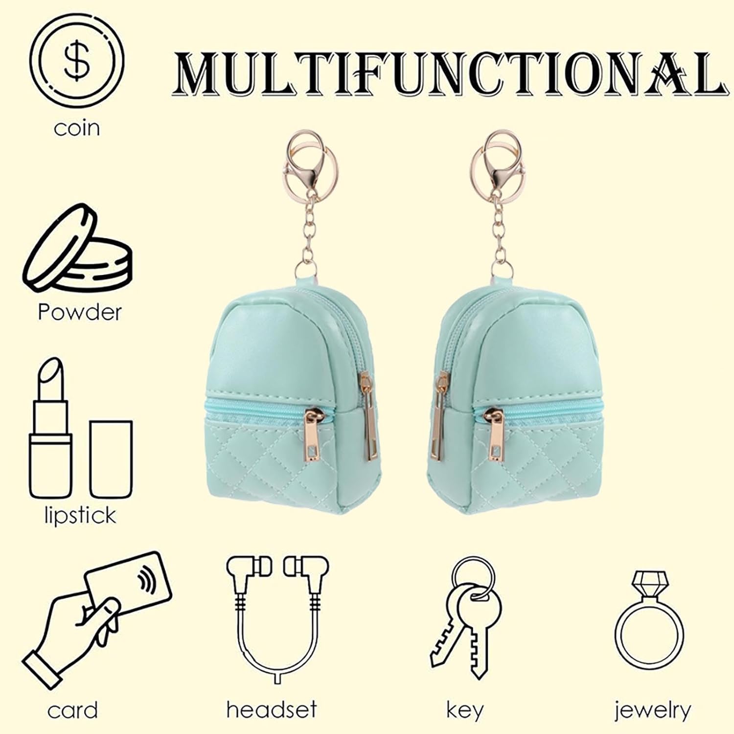 1 Pc Green Mini Backpack Keychain for Women,Cute Small Cosmetic Bag,PU Leather Makeup Bag Key Pocket Lipstick Bag Card Holder Data Cable Organizer Zipper Pouch - Image 5