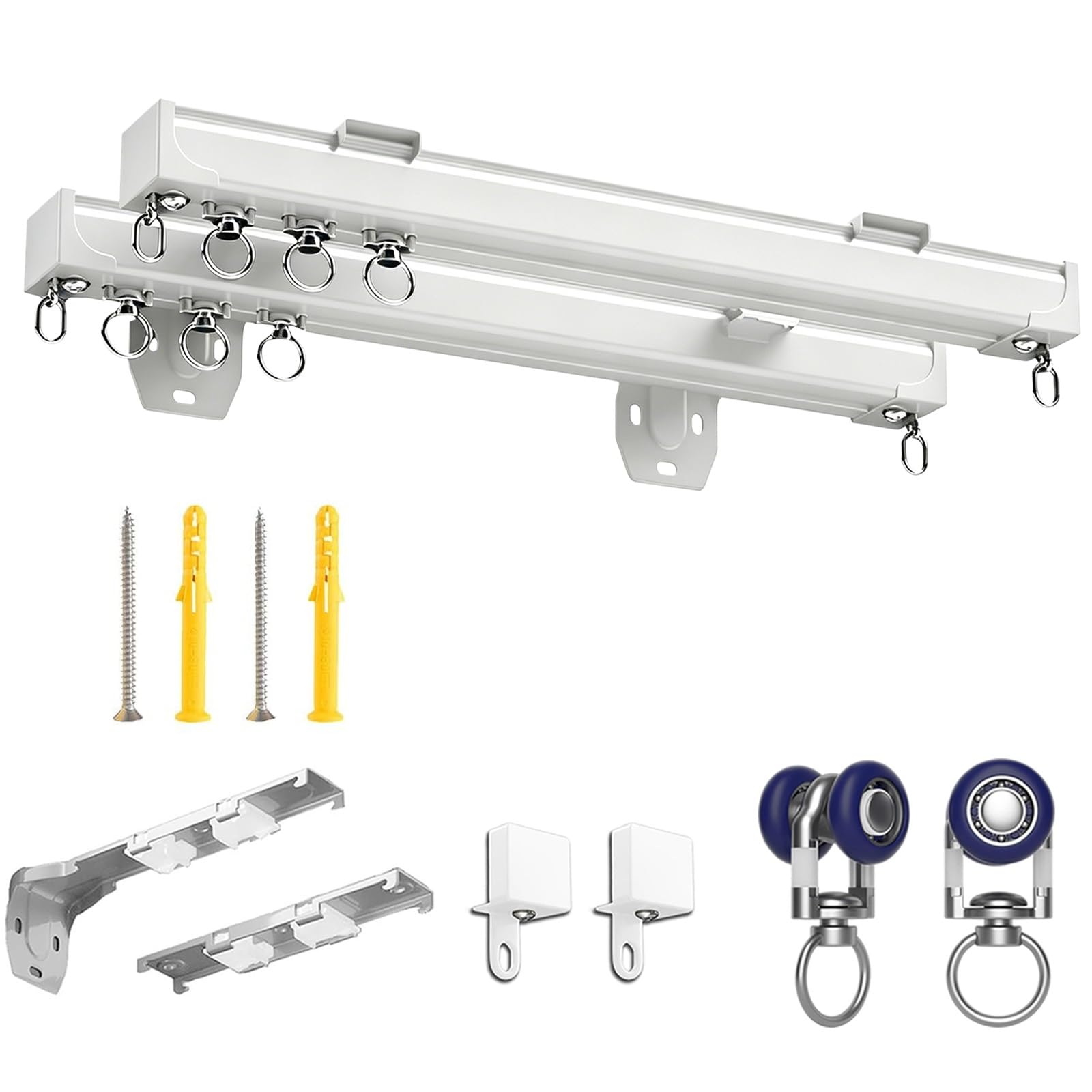 Silent Double Row Ceiling Curtain Track Ceiling/wall Mounted, Heavy Duty Curtain Rail System for Curtains, Drapes, and Room Dividers Aluminum Curtains Rod with rollers(White,420cm(13.8ft))
