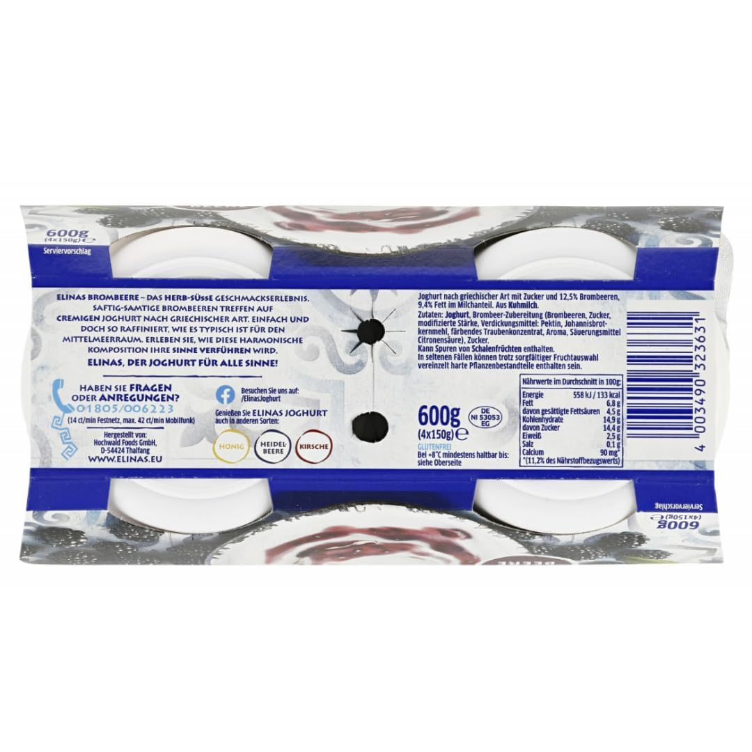 Elinas Joghurt nach griechischer Art mit Honig – 600 g | Cremige Konsistenz & Mild-süße Note – 4er Pack