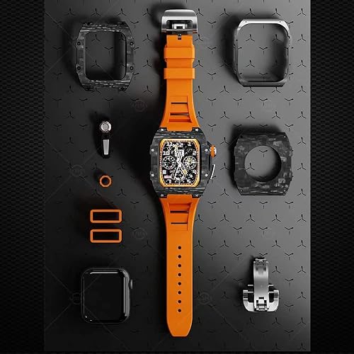 Miniatura 2 de COBLEI Luxury Strap Carbon Fiber Case for Apple Watch 8 7 45mm Band Cover Fluorine Rubber Mod Kit for iwatch 6 5 4 SE 44mm Bracelet Color  10mm Gold