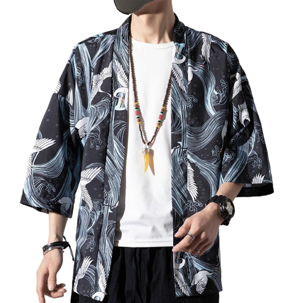 Men Japanese Jacket, Men Japanese Cardigan Seven Sleeves Thin Open Front Kimono Coat Jacket for Daily Use