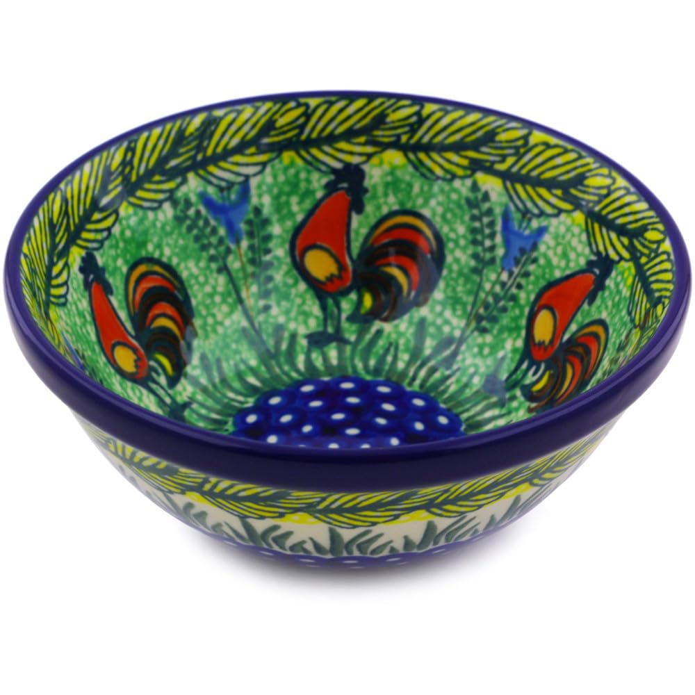 Polmedia Polish Pottery Bowl 5-inch UNIKAT - Rooster Parade Pattern Handmade in Boleslawiec Poland by Ceramika Artystyczna + Certificate of