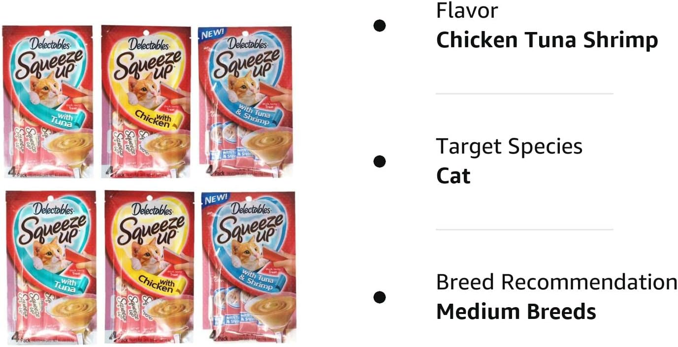 Delectables Squeeze Up Hartz Cat Treats Variety 6 Pouch Bundle of 3 Flavors; 2 Pouches of Each (Tuna, Chicken, Tuna & Shrimp; 2.0 oz Each)