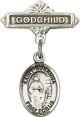 Sterling Silver Baby Badge with St. Susanna Charm and Godchild Badge Pin 1 X 5/8 inches