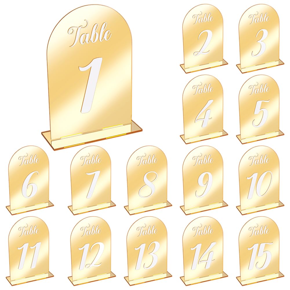 15 paquet de 1~15 numéros de Table de Mariage en Miroir Supports de Panneaux D'Affichage en Acrylique de 13x18.2cm Arc Supports pour Réceptions de Mariage Fêtes Anniversaires et Événements