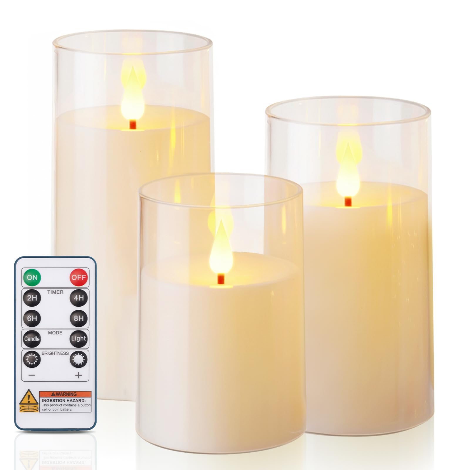 Homemory Ivory Flameless Candles, Battery Operated Acrylic LED Pillar Candles with Remote Timer, Realistic Flickering Fake Candles for Home Decor, Christmas, Wedding, Party, Set of 3