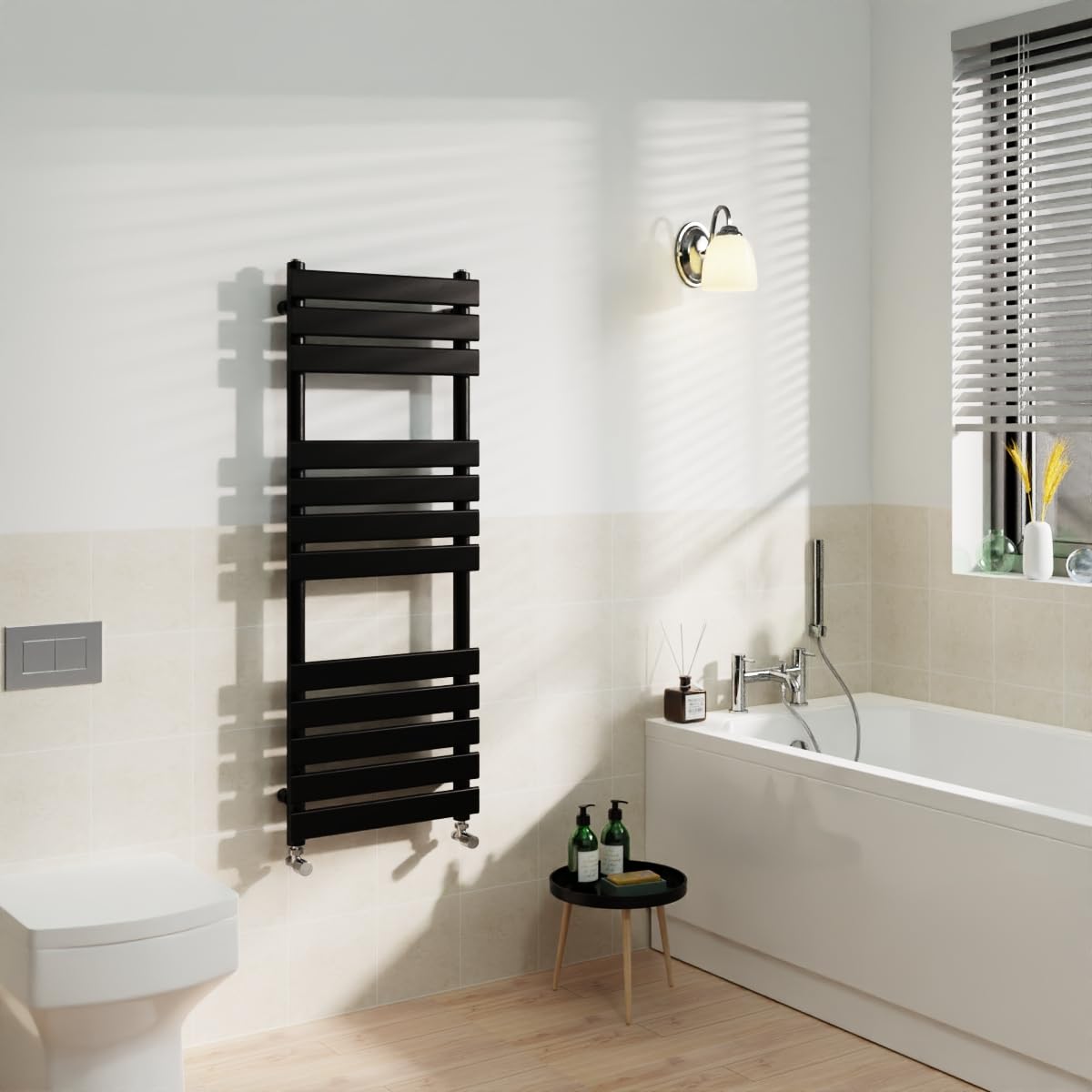 Warmehaus Black Flat Panel Heated Towel Rail Radiator Ladder 1200x450mm