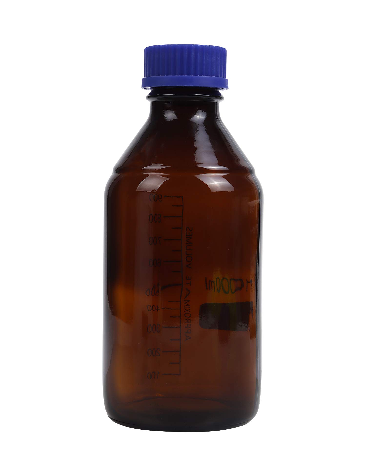 Paquete de 4 botellas de vidrio de borosilicato ámbar de 1000 ml de reactivo de laboratorio/botella de almacenamiento con tapón de rosca azul GL45
