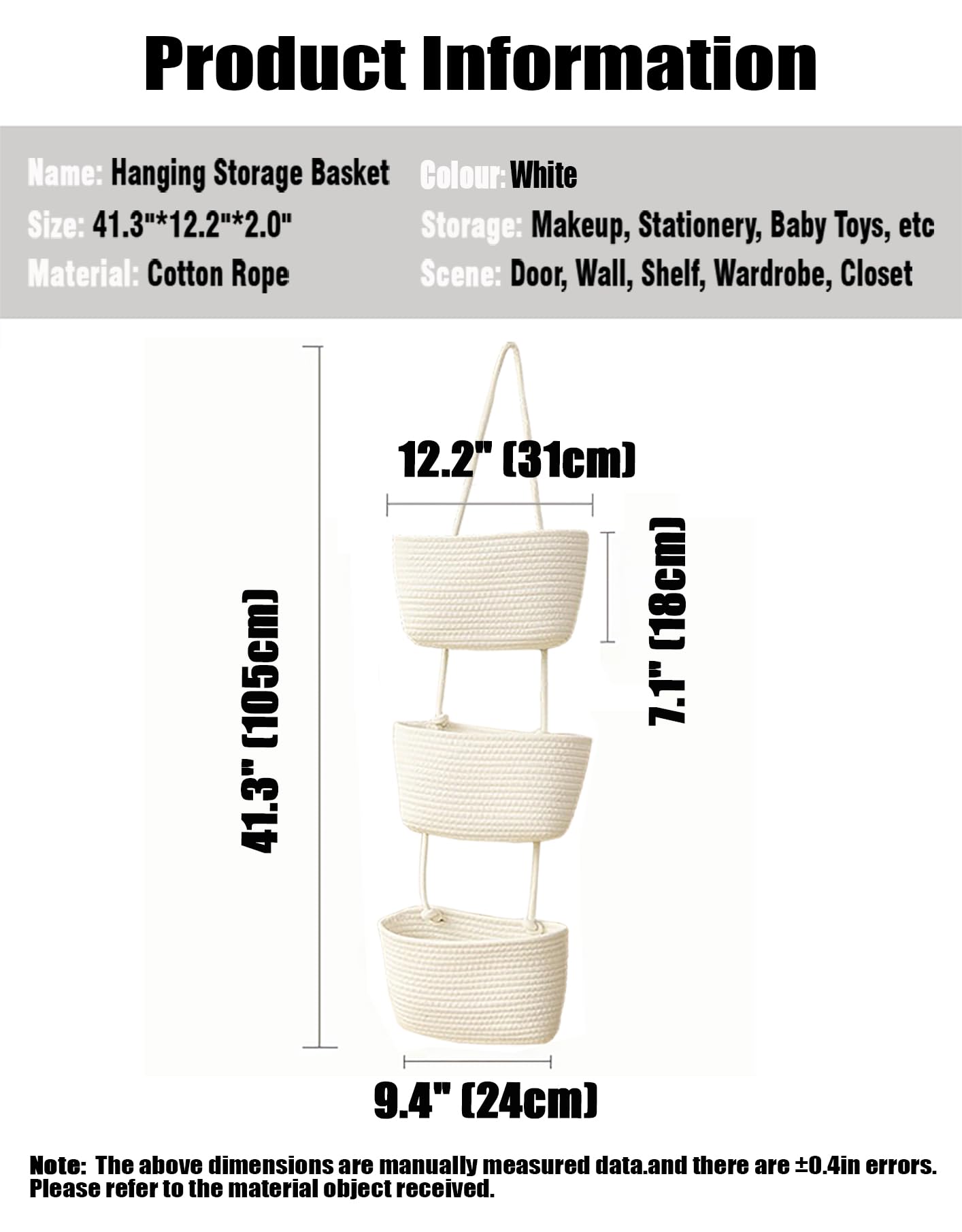 AARAINBOW Wall Hanging Cotton Baskets, Large 3 Tier Decorative Basket for Wall, Nursery, Bathroom, Boho Organizing (B-White)