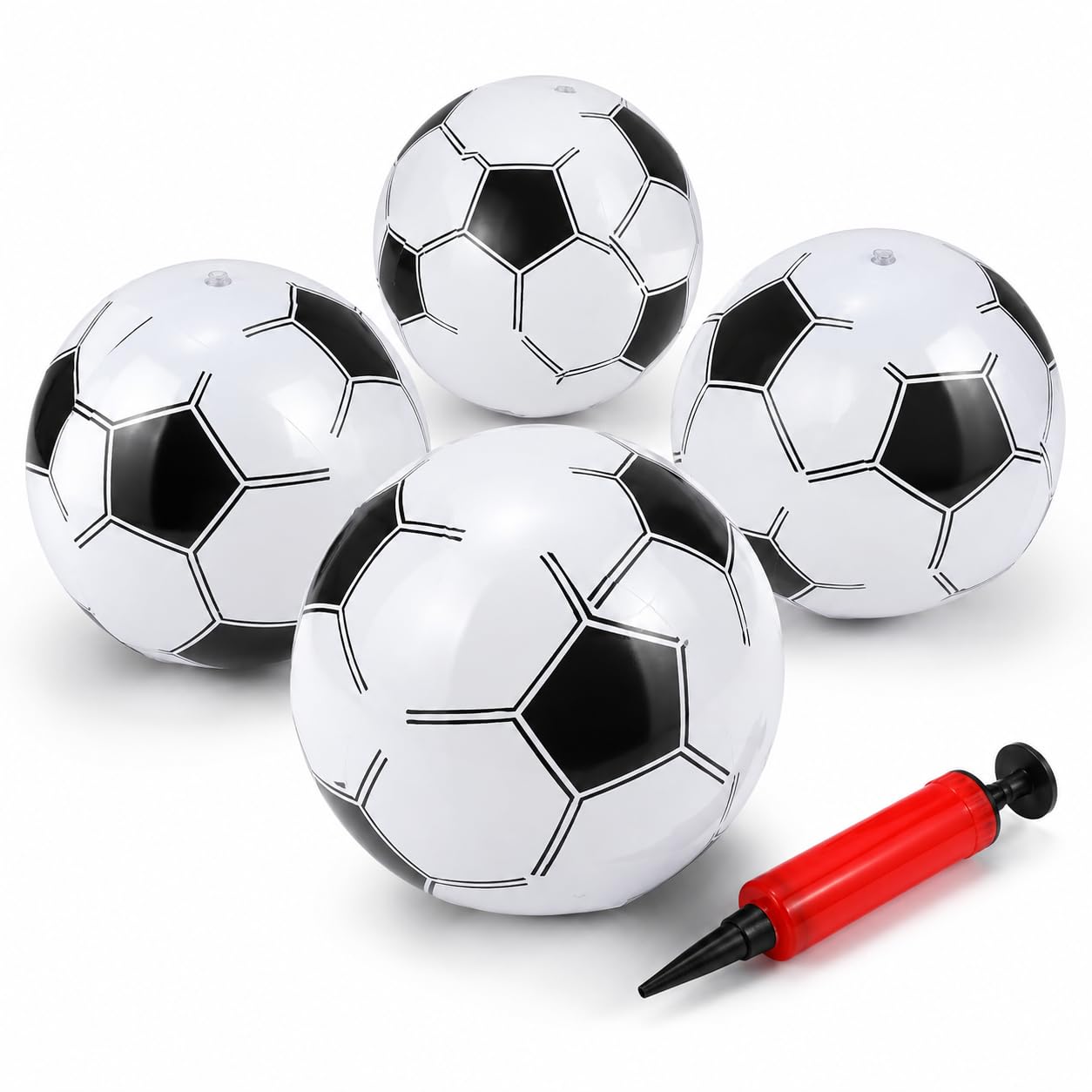 XLTXWD 5Pcs Inflatable Football, Set with Pump, Ideal for Family Playtime and Outdoor Activities, Includes Four Black and White Footballs and One Air Pump, Great for Beach Parties and School Events