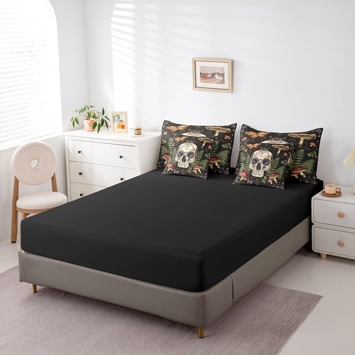 Feelyou Skull Comforter Set with Sheets Queen Size Butterfly Bed in a Bag for Boys Girls Teens Boho 7 Pieces Bedding Set Mushroom Bed Set Room Decor Earth Black