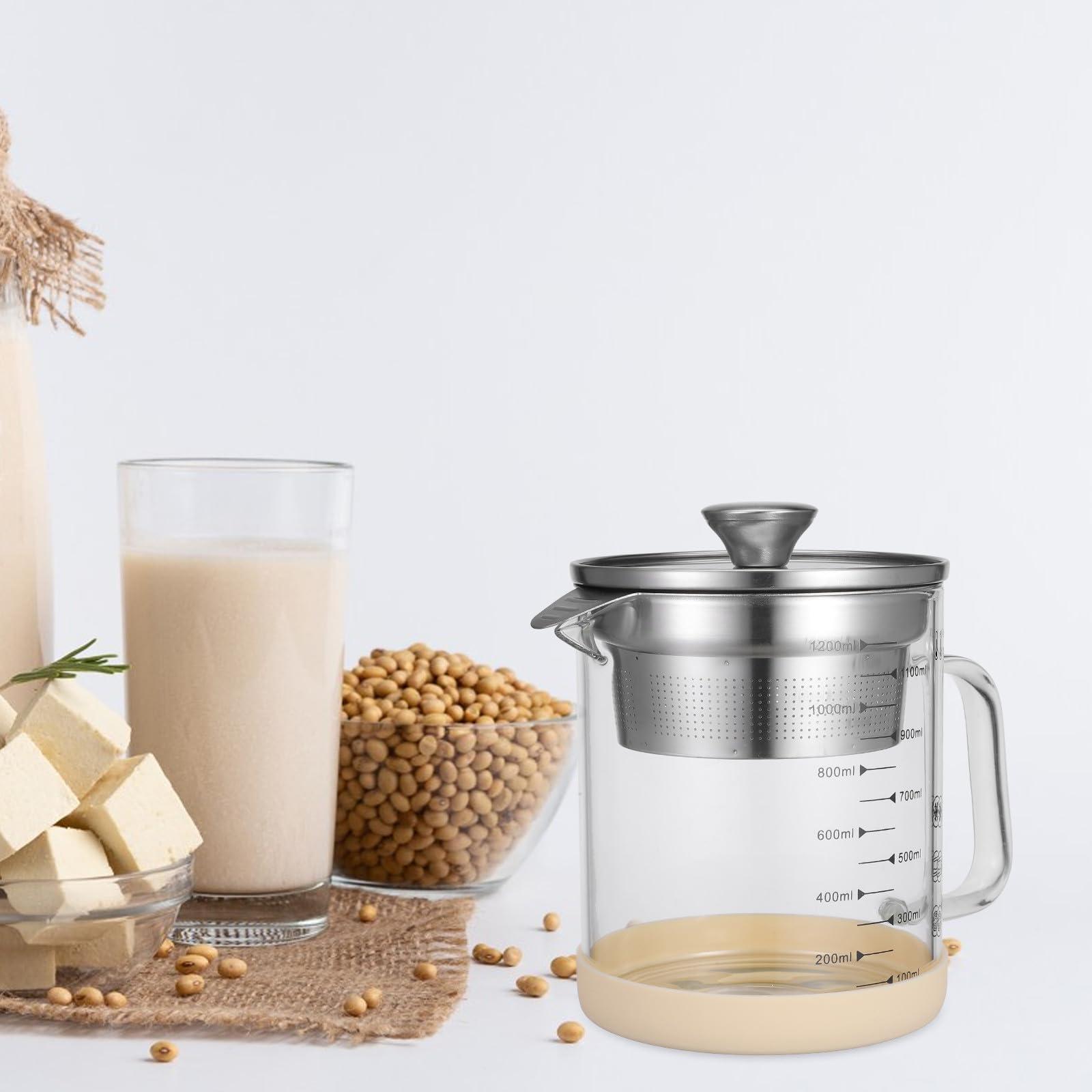 Fettabscheider Multifunktionaler Saft und Sojamilchfilter mit Edelstahlfilter aus Glas 1200ml für Einfache Reinigung und Silikongriff in Küche