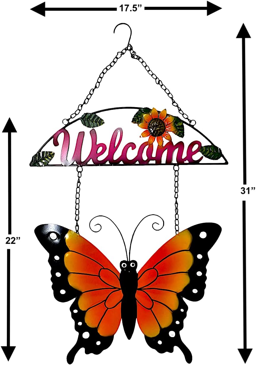 Welcome Butterfly Metal Iron Garden Decor Door Wall Fence Yard Art Sculptures for Indoor Outdoor 31" x 17.5" (Butterfly Welcome)