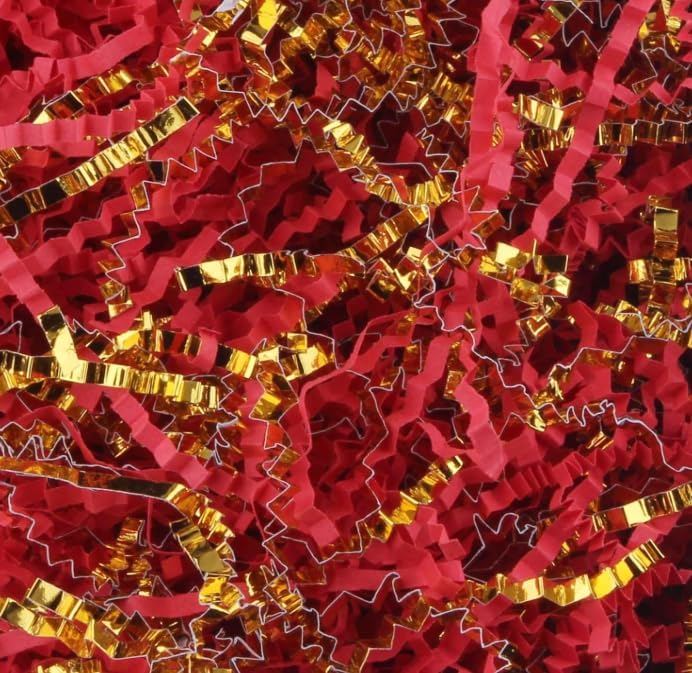 4 oz Premium Crinkle Paper Filler - Double Color Shredded Paper for Gift Wrapping, Basket Filling, Gift Box Decoration,Perfect for Birthdays, Christmas, Weddings (Red and Gold)