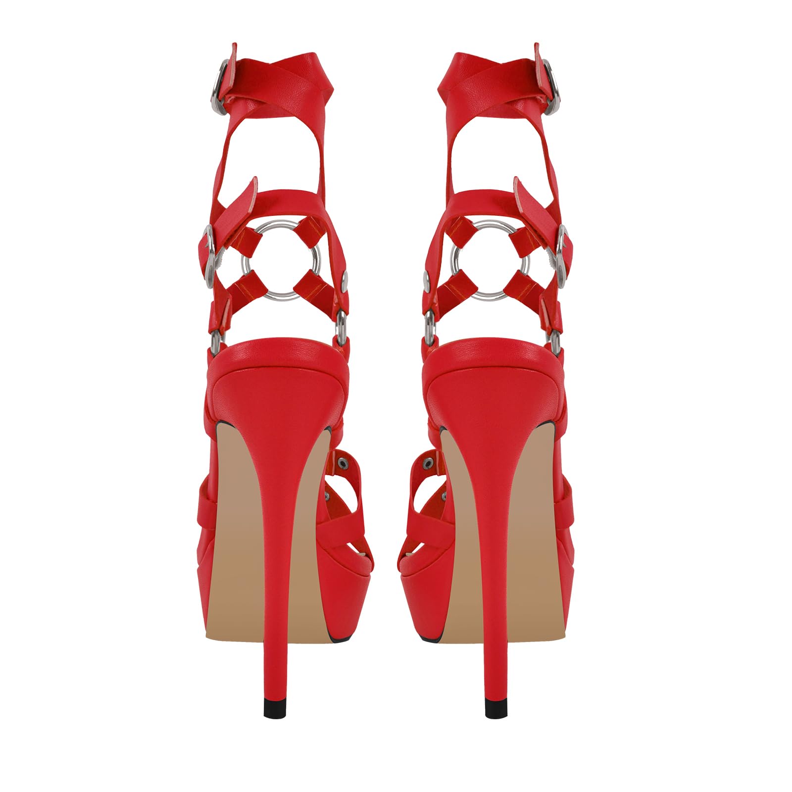 VERISSON Women's Grommets Stiletto Sandals Platform Open-back High Heels Cross Bands Open Toe Buckle-up Ankle Sandals Party Dressing: 7 Red